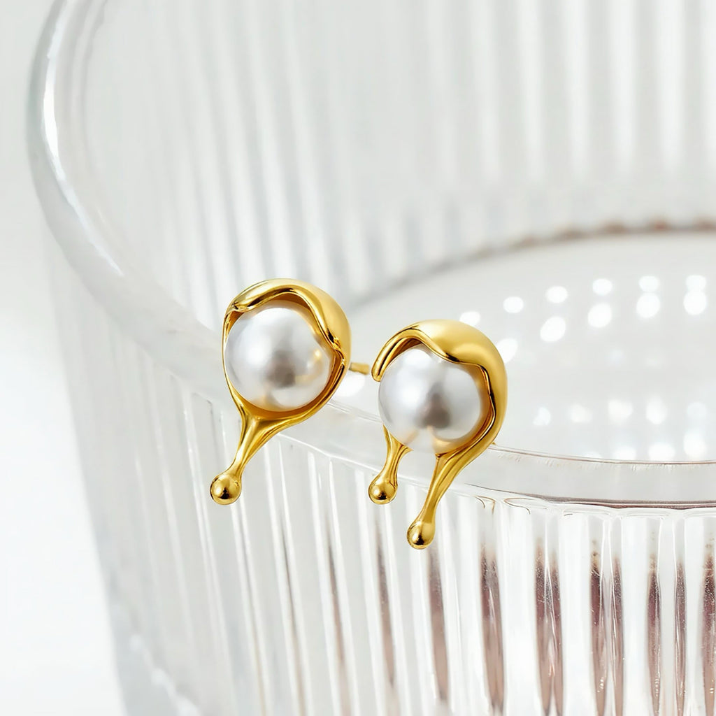 Metal Liquid Dripping Pearl Earrings