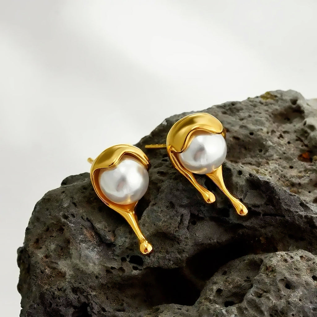 Metal Liquid Dripping Pearl Earrings