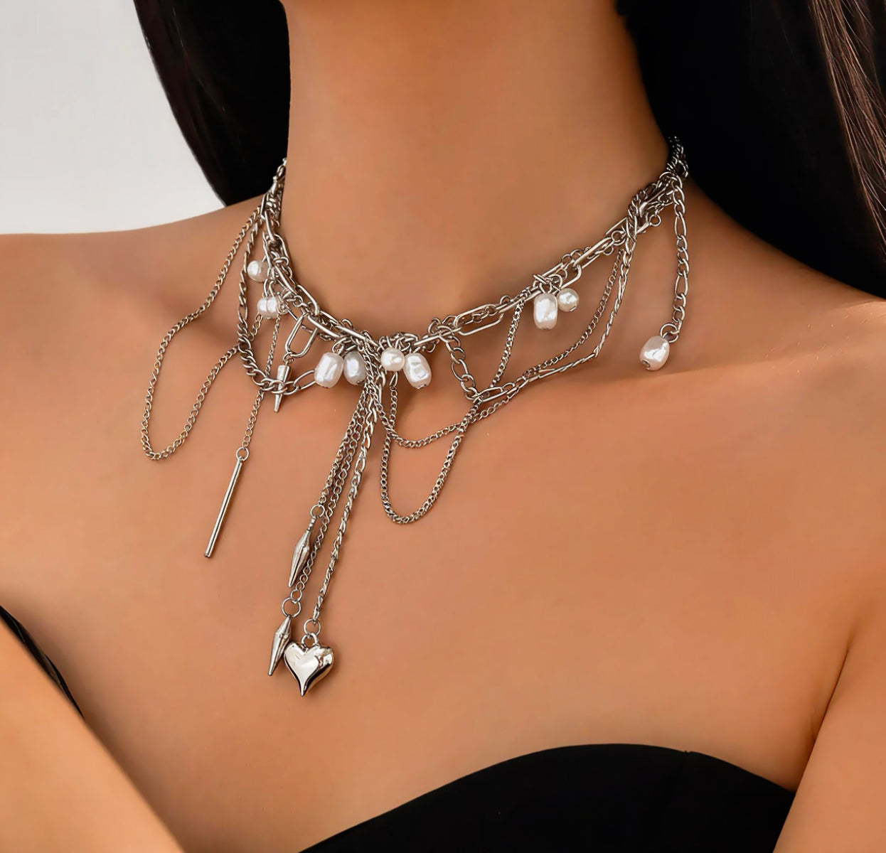 Layered Chain Pearl Detailed Necklace