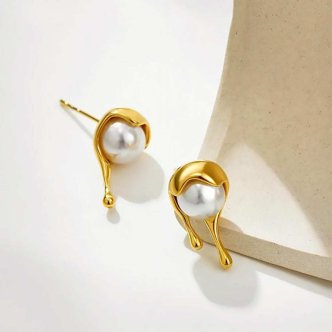 Metal Liquid Dripping Pearl Earrings